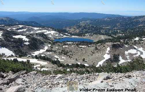 Picture showing the view looking down from the trail on Lassen Peak in Lassen Volcanic National Park