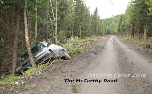 Picture of car in ditch on McCarthy Road in Wrangell-St. Elias National Park