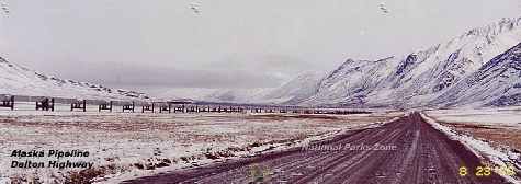 Picture of Dalton Highway approaching the Atigun Pass.  Alaska pipeline is on the left